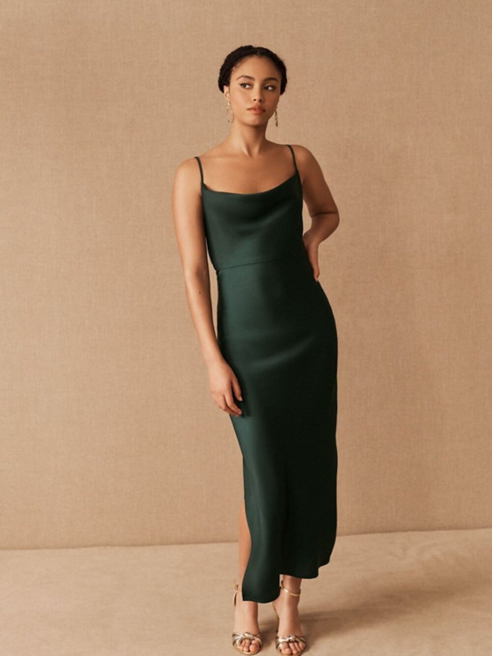BHLDN Sachin + Babi Cali Satin Charmeuse Midi Dress in Dark Emerald Forest Green